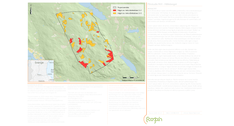 Karta som visar skyddszoner och ekologiska känsligheter för ett planerat projektområde, baserat på en NVI-förstudie.