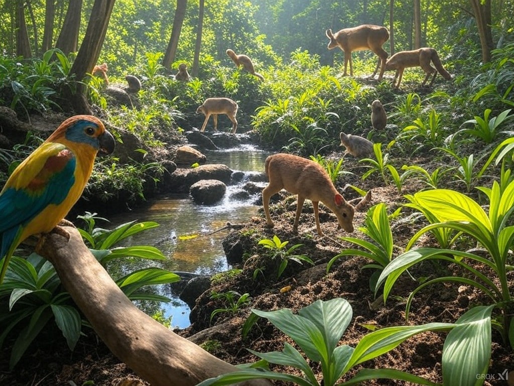 Biodiversitet i naturen med fåglar och däggdjur.