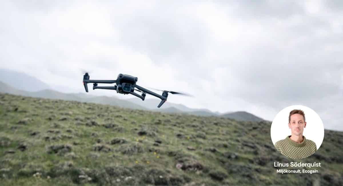 Drönare flyger över fjällen. Linus Söderquist, miljökonsult på Ecogain.