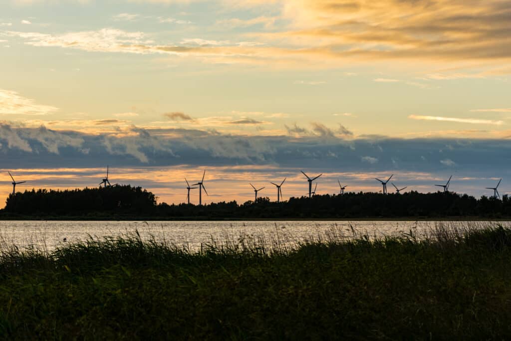 A landscape featuring the sea, forests, fields, and wind turbines