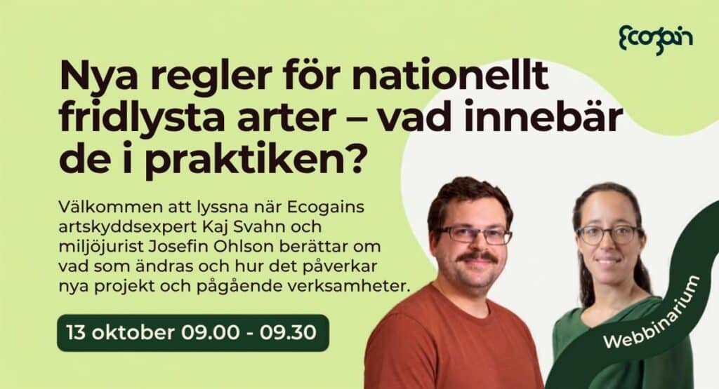 Webbinarium: Nya regler för nationellt fridlysta arter, vad innebär de i praktiken? Kaj Svahn och Josefin Ohlson, Ecogain.